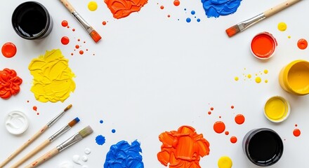 Fototapeta premium Vibrant primary colors of art supplies creatively surround a blank white canvas, implying creative