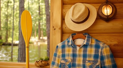 A cabin interior showcases outdoor equipment near a window