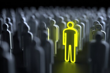Obraz premium Glowing yellow human figure stands out among gray crowd in high-contrast scene symbolizing individuality and uniqueness.