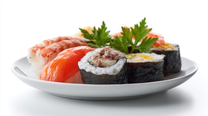 Plate of assorted sushi rolls isolated on white background