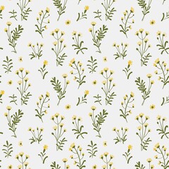 Obraz premium Seamless floral pattern with hand-drawn yellow wildflowers and green leaves on a light background. A soft, cheerful botanical design perfect for spring fabric, stationery, or wallpaper.
