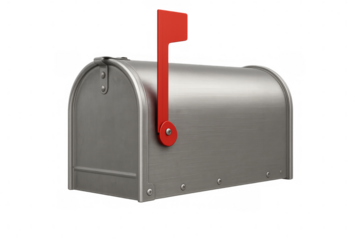 Closed american mailbox with raised flag on transparent background