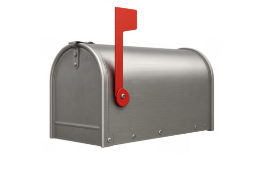 Closed american mailbox with raised flag on transparent background