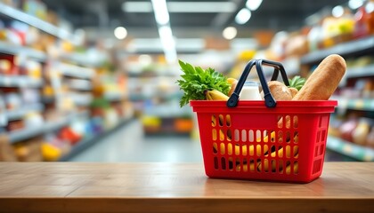 Red Shopping Basket Filled with Groceries in a Supermarket