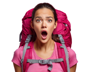 Unexpected Adventure: A young woman with an open-mouthed expression of shock and awe, wearing a vibrant pink backpack. This portrait captures a moment of surprise.