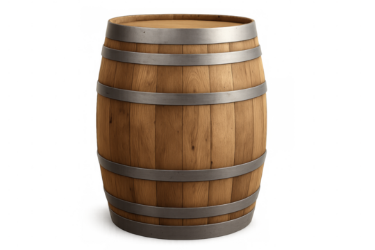 Wooden barrel with metal rings on transparent background