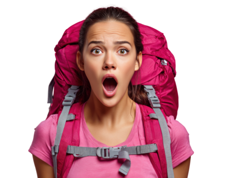 Unexpected Adventure: A young woman with an open-mouthed expression of shock and awe, wearing a vibrant pink backpack. This portrait captures a moment of surprise.