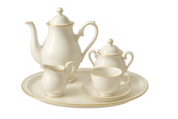 Porcelain tea set with gold details on transparent background