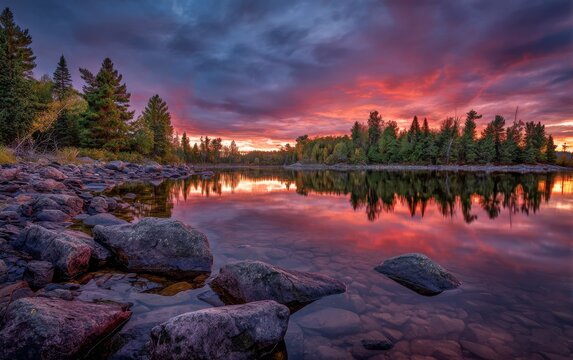 Breathtaking sunset over a serene lake with rocky shores and vibrant reflections of the sky and trees