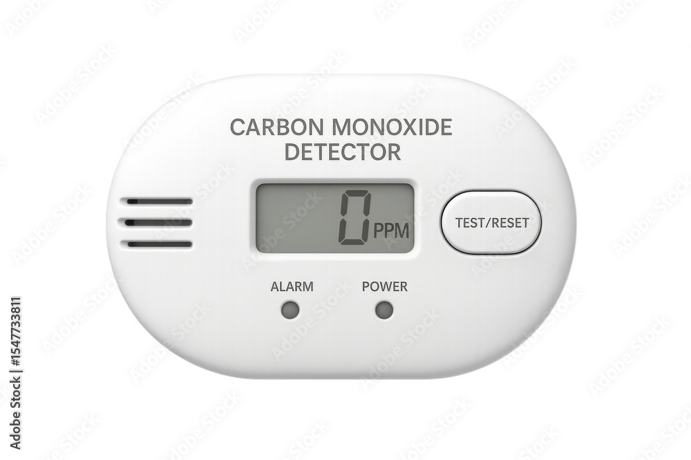Poster carbon monoxide detector displaying zero ppm on transparent background