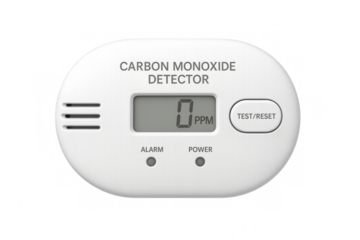 Carbon monoxide detector displaying zero ppm on transparent background