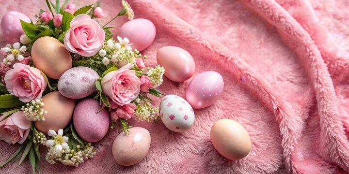 Hueful Easter eggs on pink velvet, decorative eggs, floral arrangement