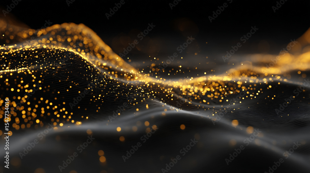 Poster abstract dark background with golden glittering particles forming wavy undulating surface texture