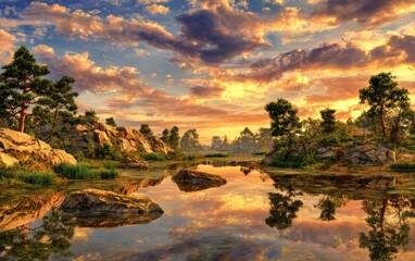 Obraz premium Golden Sunset over Mountain Lake