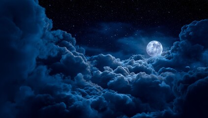 Obraz premium Ethereal Moonlight Illuminating Dark Clouds Under a Starry Night Sky, Creating a Dreamlike Atmosphere