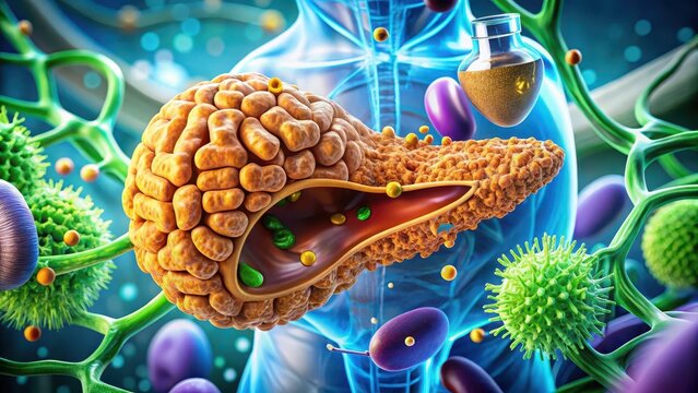 Detailed pancreatic tissue with lobulated structure and digestive enzyme production visualization, lab, anatomy,  lab