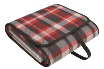 Folded picnic blanket with red and grey checkered pattern on transparent background