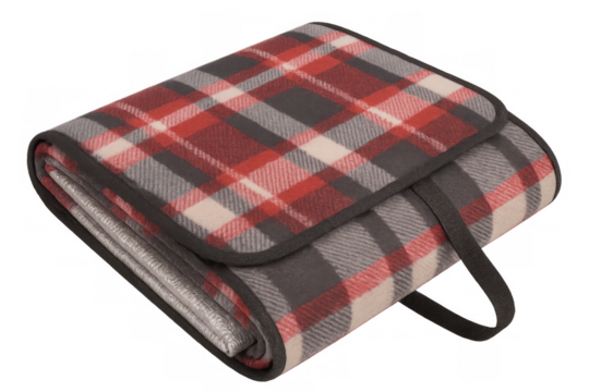 Folded picnic blanket with red and grey checkered pattern on transparent background