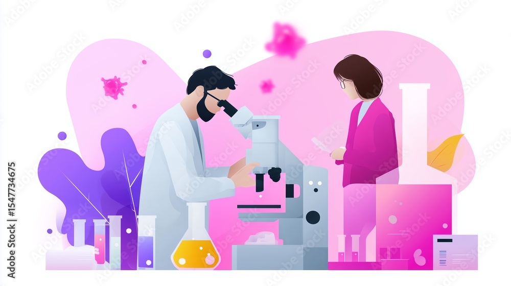 Poster scientists conduct research in laboratory setting with microscope and various glassware during dayti