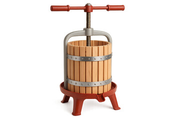 Traditional wooden fruit press with red handles and base on transparent background