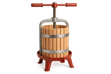 Traditional wooden fruit press with red handles and base on transparent background