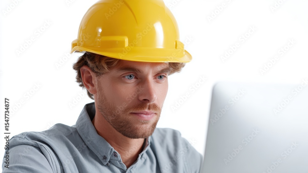 Poster engineer working on computer isolated on white background