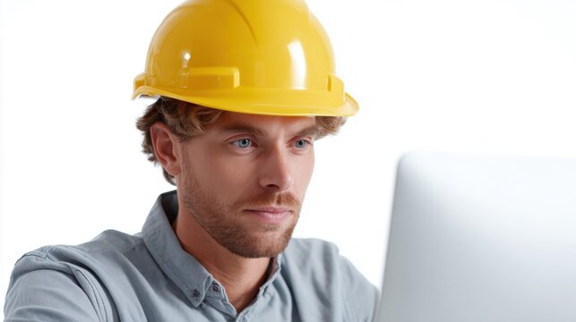Engineer working on computer isolated on white background