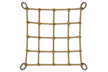 Rope mesh grid hanging with metal rings on transparent background