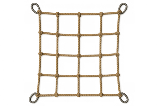 Rope mesh grid hanging with metal rings on transparent background