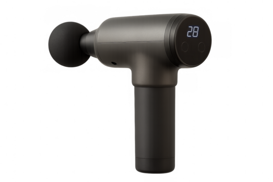 Modern electric massage gun on transparent background showing number 28 on display