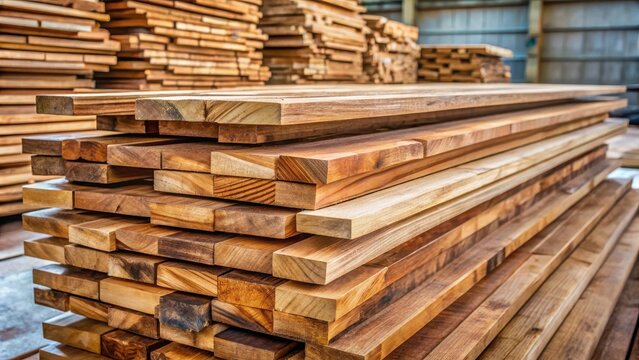 A stack of freshly cut teak wood planks with a rustic texture and natural grain patterns, awaiting processing into furniture blocks or lumber , wooden planks, furniture production