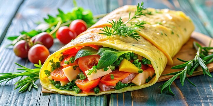 Fluffy omelette wrapped around tender salmon fillet and fresh greens in a colorful mix of textures and colors, seafood wrap, egg dish