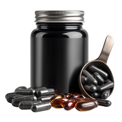 A container with pills and a spoon filled with pills on a surface isolated on transparent background