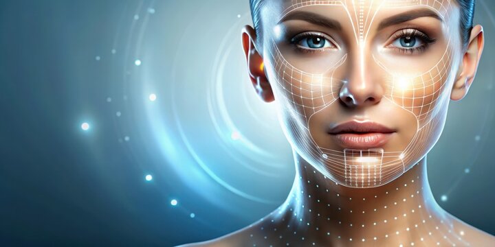 A futuristic skin glowing face with microcurrent facial rejuvenation technology, microcurrent, silicone, microcurrent,silicone
