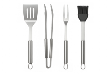 Barbecue utensils set with spatula, tongs, fork, and brush on transparent background