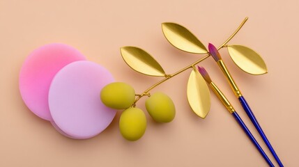 Pastel Pink Sponges and Gold Olive Branch Watercolor Painting