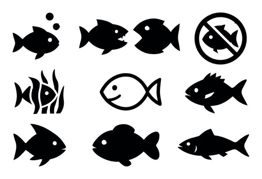 Aquatic silhouette icon set. fish, marine life symbols silhouette collection