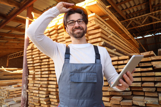 Male carpenter in hardhat with tablet computer at sawmill