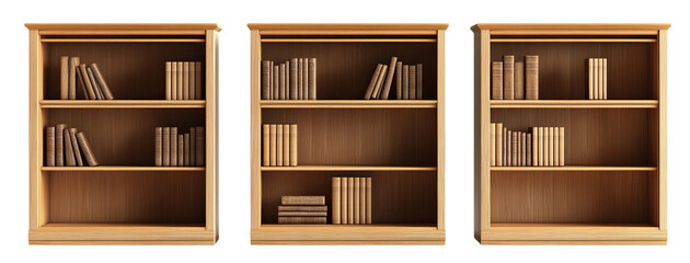 Set of three different bookcases. Each element is separately isolated on white