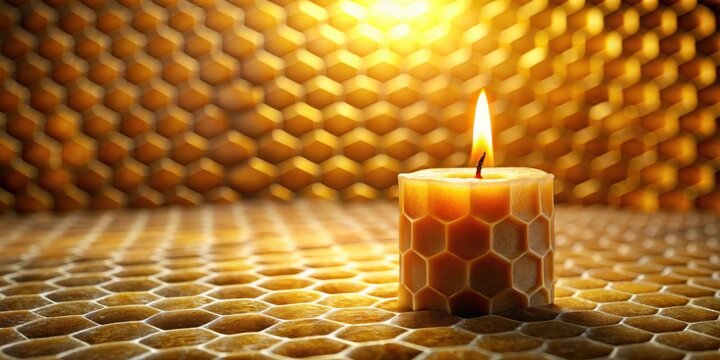 A candle made of beeswax sits on a honeycomb background, with a warm golden glow emanating from it as light reflects off the intricate hexagonal cells , hive, beeswax