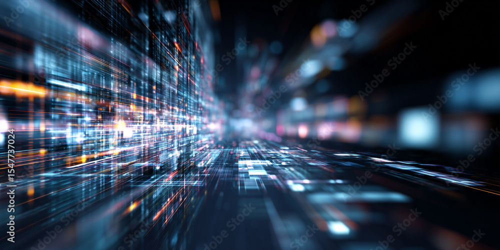 Poster abstract digital data stream network technology background blue orange glowing lines futuristic cybe