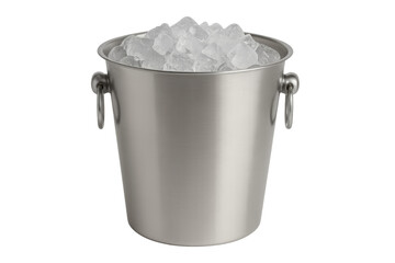 Metal ice bucket overflowing with ice cubes on transparent background