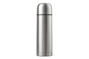 Metallic thermos flask on transparent background keeping drinks hot or cold