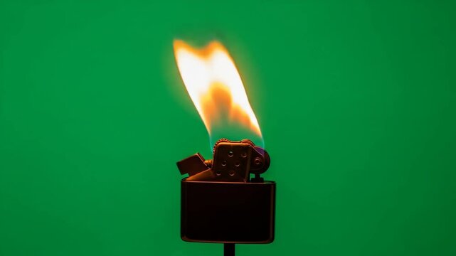 Lighter Flame Against Green Screen - Close-up shot of a metallic lighter with a bright, orange flame burning against a solid green background.