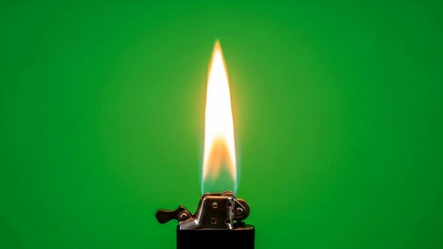 Lighter Flame on Green Screen - Close-up of a lighter with a flame burning brightly against a solid green background. The video is well-lit and the flame is the clear focal point.