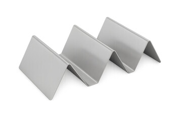 Metal taco holder displaying three tacos on transparent background