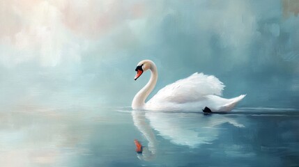 Fototapeta premium A graceful swan, impressionist painting style, gliding on a serene lake, soft morning light, horizontal composition