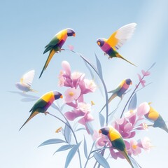 Rainbow Lorikeets and Pink Flowers Digital Illustration