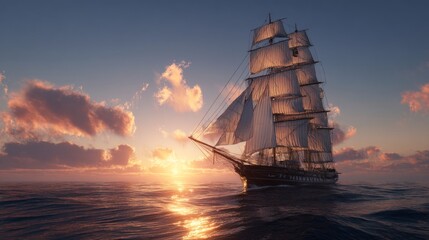 Sailing Ship at Sunset on Calm Ocean