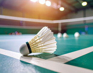 A badminton shuttlecock on the court with blur background
